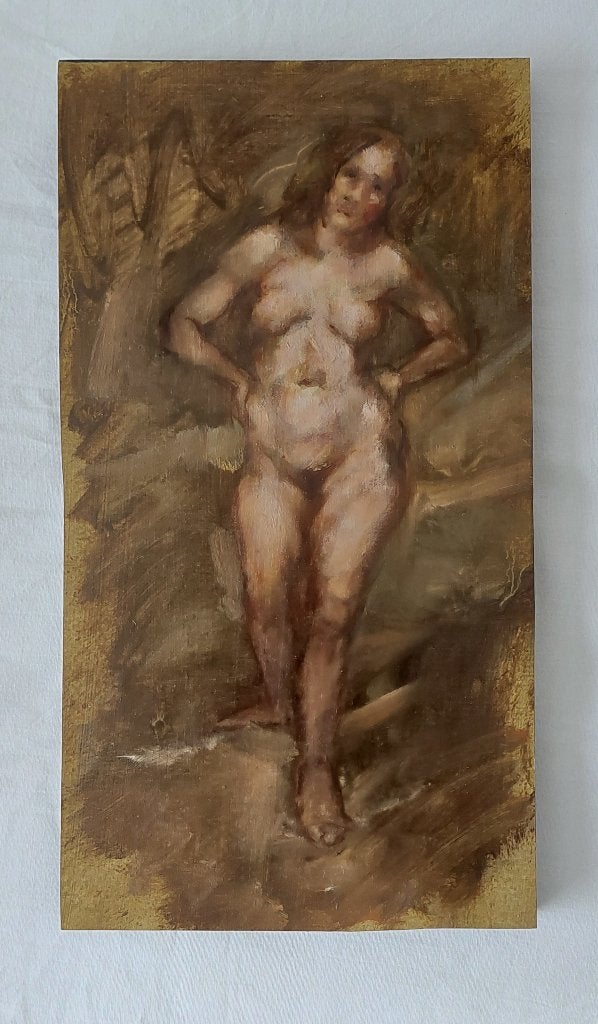 Schilderijtje van Staand Vrouwelijk Naakt - Olieverf, Antiek en Kunst, Paneel, Portret of Personen, Ophalen of Verzenden, Olieverf