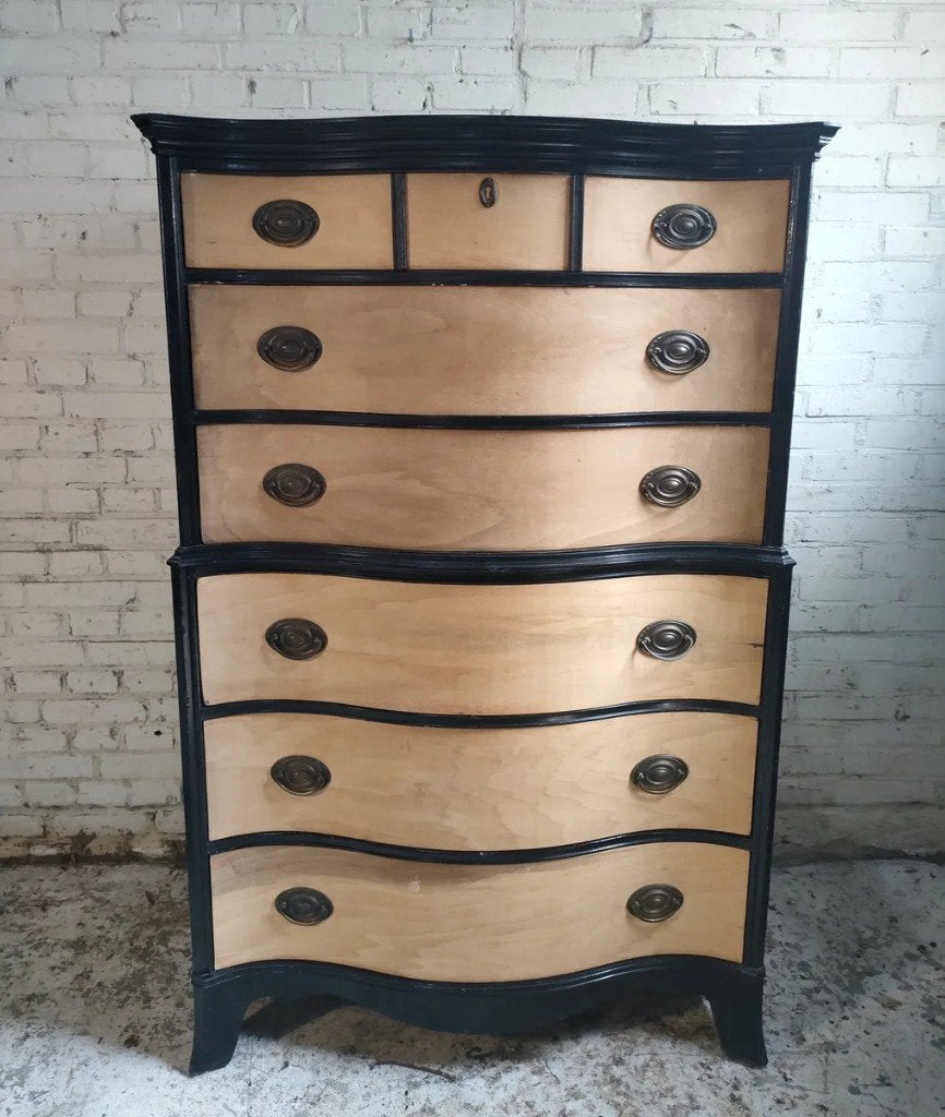 Antieke Houten Tallboy / Hoge Ladekast Zwart & Hout, Ophalen