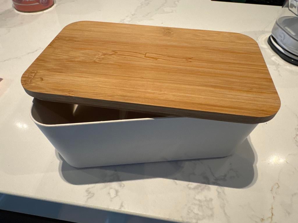 Koektrommel met bamboe deksel - Wit, Hout, Ophalen of Verzenden, Zo goed als nieuw, Voorraadpot