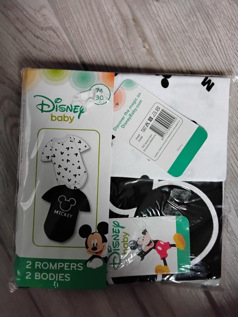 Disney Baby Mickey Mouse Rompers/Bodies (2-pack) maat 74/80, Nacht- of Onderkleding, Jongetje of Meisje, Nieuw, Disney Baby