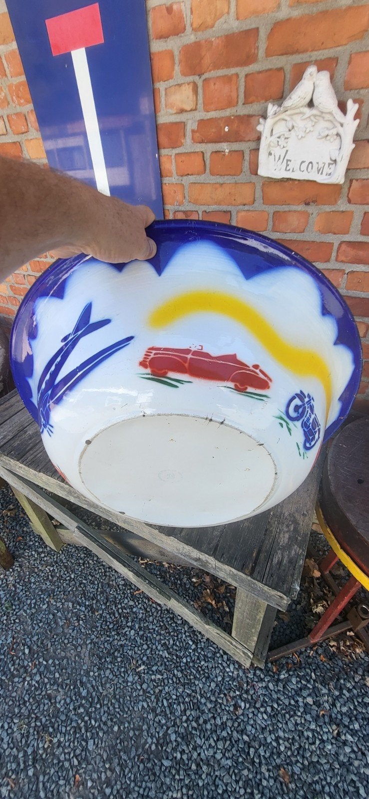 Grote vintage emaille kom met motoren, auto's en vliegtuigen, Antiek en Kunst, Ophalen of Verzenden