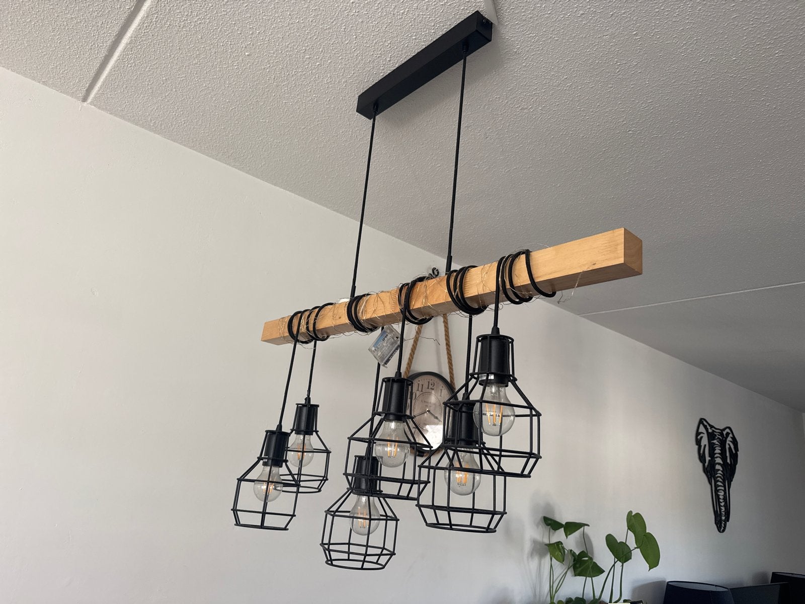 Industriële hanglamp met houten balk en 6 kooilampen, Ophalen, Gebruikt, Hout, E27 (groot)
