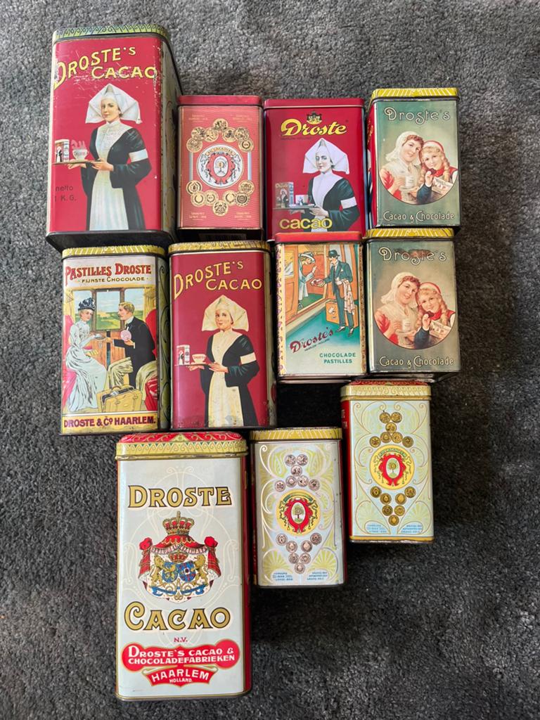 Partij oude Droste blikken – vintage reclameblikken –Haarlem, Verzamelen, Blikken, Ophalen of Verzenden, Zo goed als nieuw, Overige