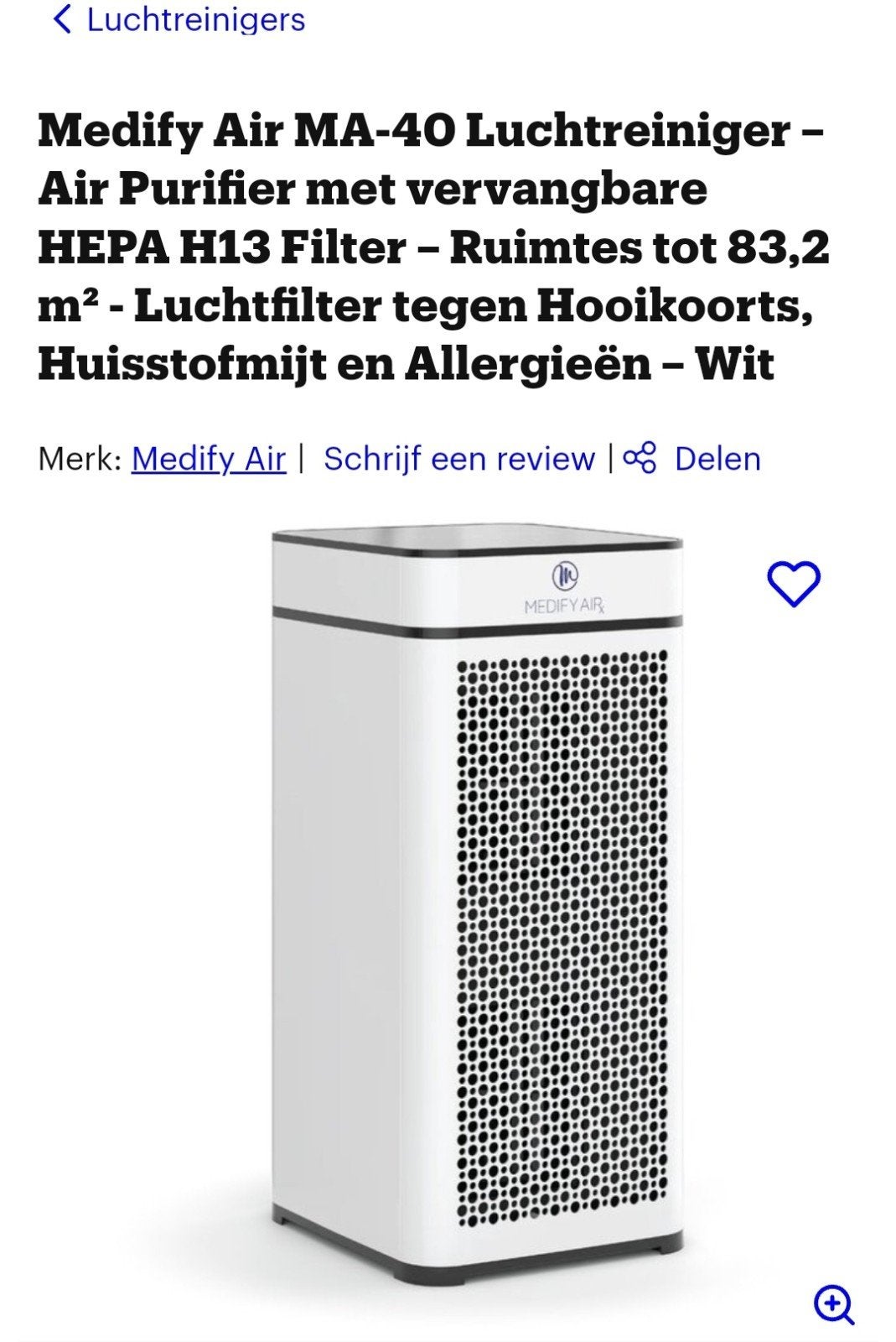 Medify Air MA-40 Luchtreiniger wit HEPA H13 Filter - Nieuw, Ophalen of Verzenden, Nieuw, Luchtreiniger