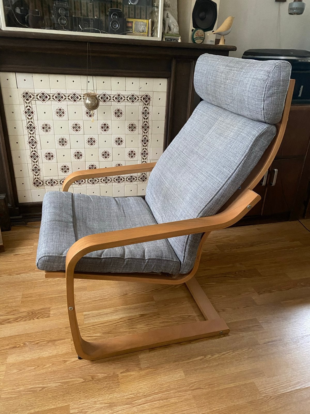 Ikea Poäng fauteuil met grijze kussens -ophalen voor 1-9!!, Ophalen, Gebruikt, Hout, Eén
