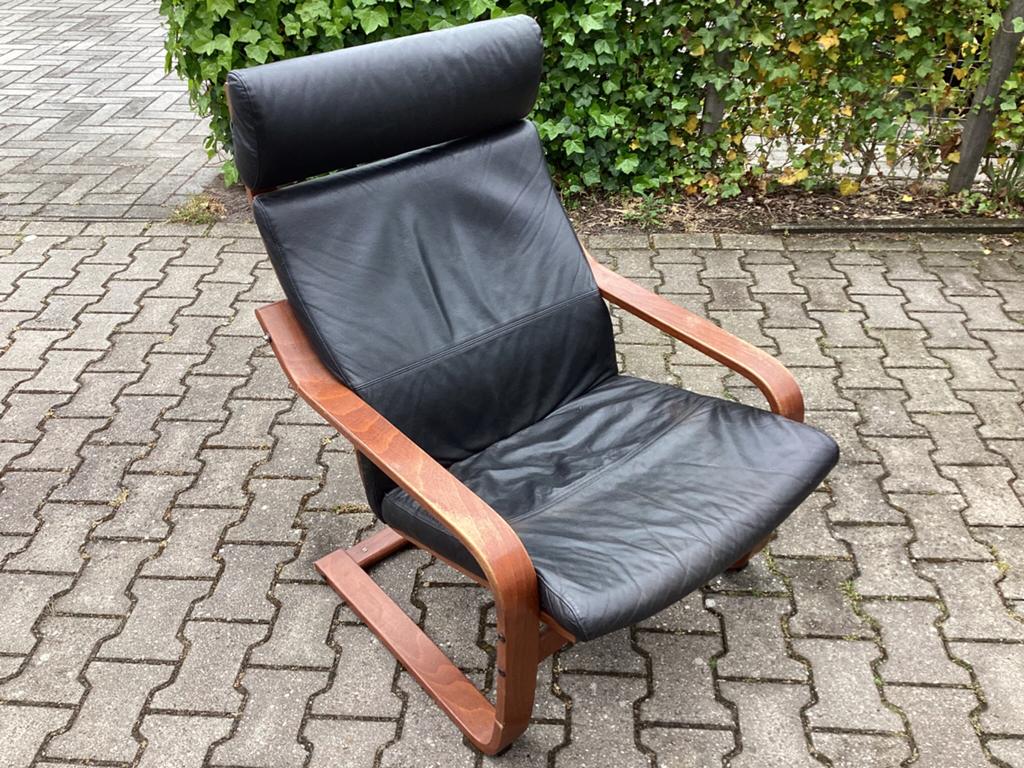 Ikea Poang relax stoel met echt leren zitting., Gebruikt, Minder dan 75 cm, Ophalen of Verzenden, 50 tot 75 cm