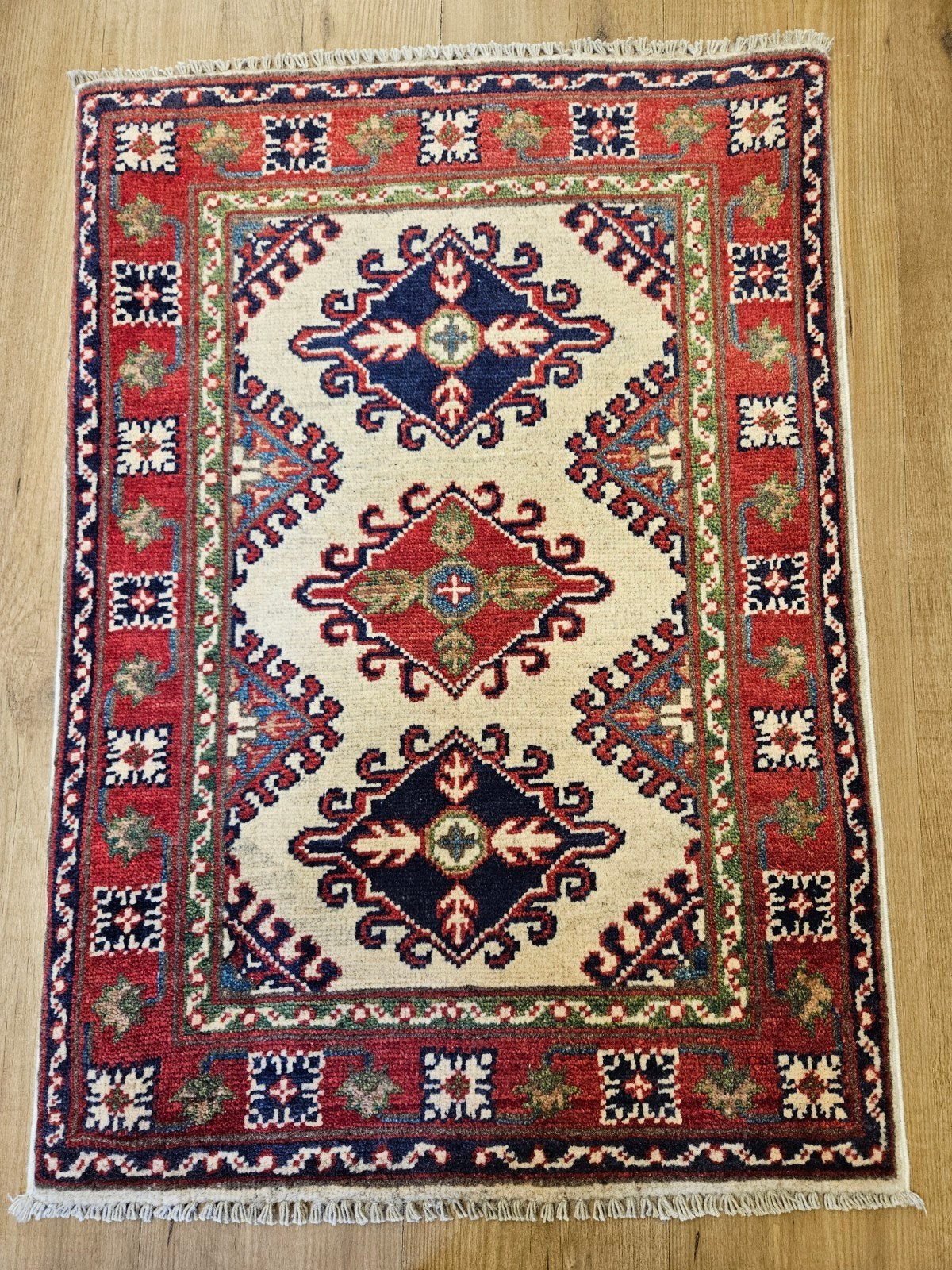 Handgeknoopt oosters tapijt kazak 90x63, Info@SlatsAntiek.nl, 50 tot 100 cm, Perzisch, Vof Slats Antiek