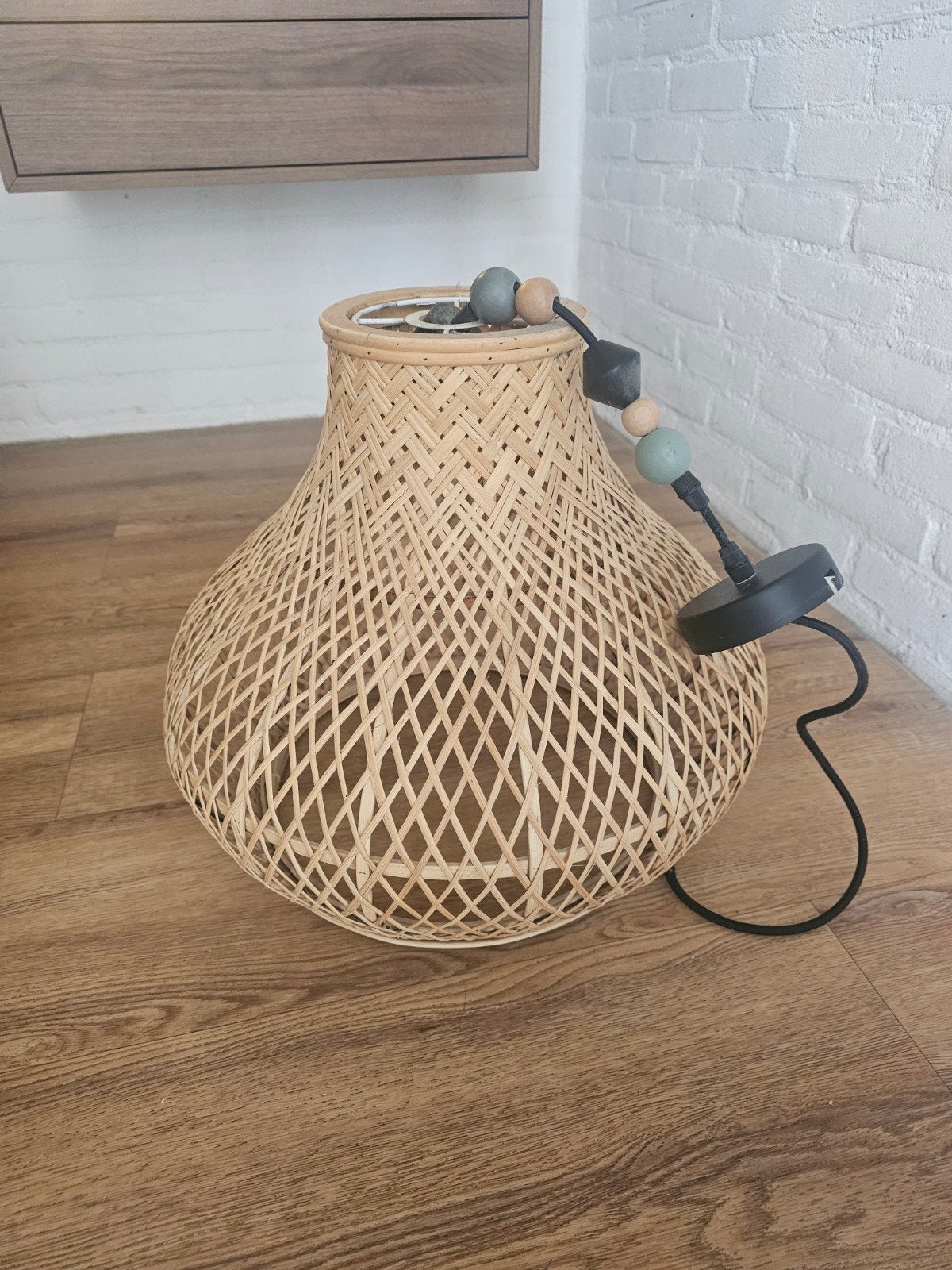 Rotan hanglamp met kralen - Bohemian stijl, Ophalen, Natuurlijk materiaal, Bohemian, E27 (groot)