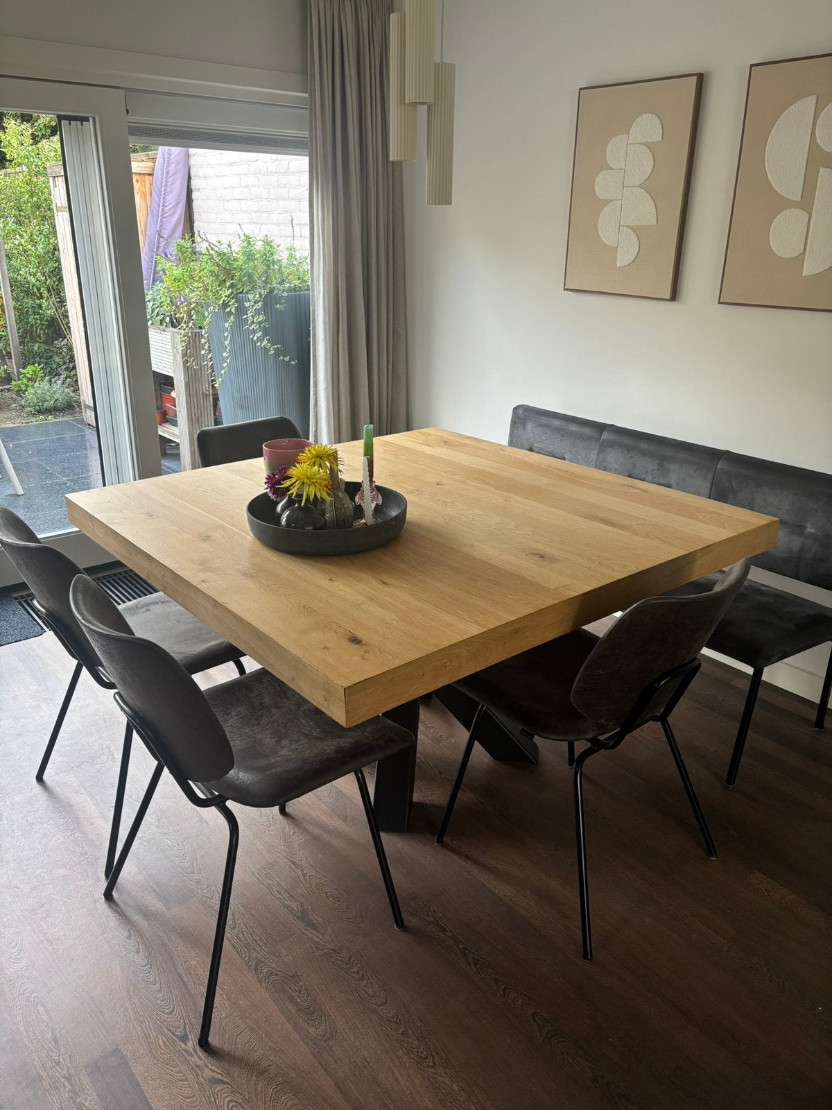 Eettafel - vierkant - spinpoot - eikenhout - 140x140 cm, Ophalen, Gebruikt, Vijf personen of meer, 100 tot 150 cm
