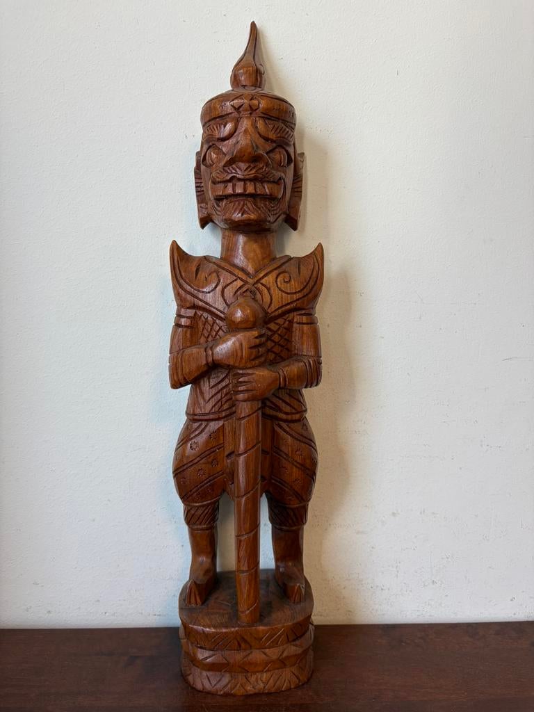 Beeld hout Thaise tempelwachter yaksha, Antiek en Kunst, Houtsnijwerk, Handgemaakt, Hout, Bruin