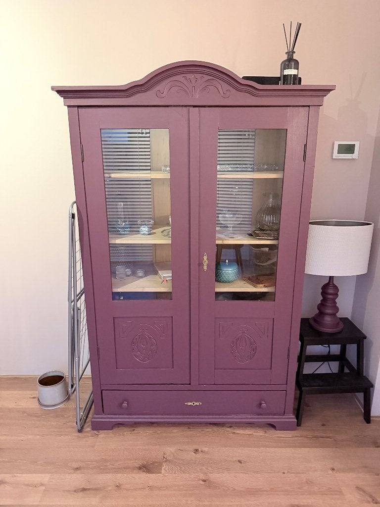 Buffet/vitrine kast - aubergine, Ophalen, Gebruikt, 100 tot 150 cm, Grenenhout