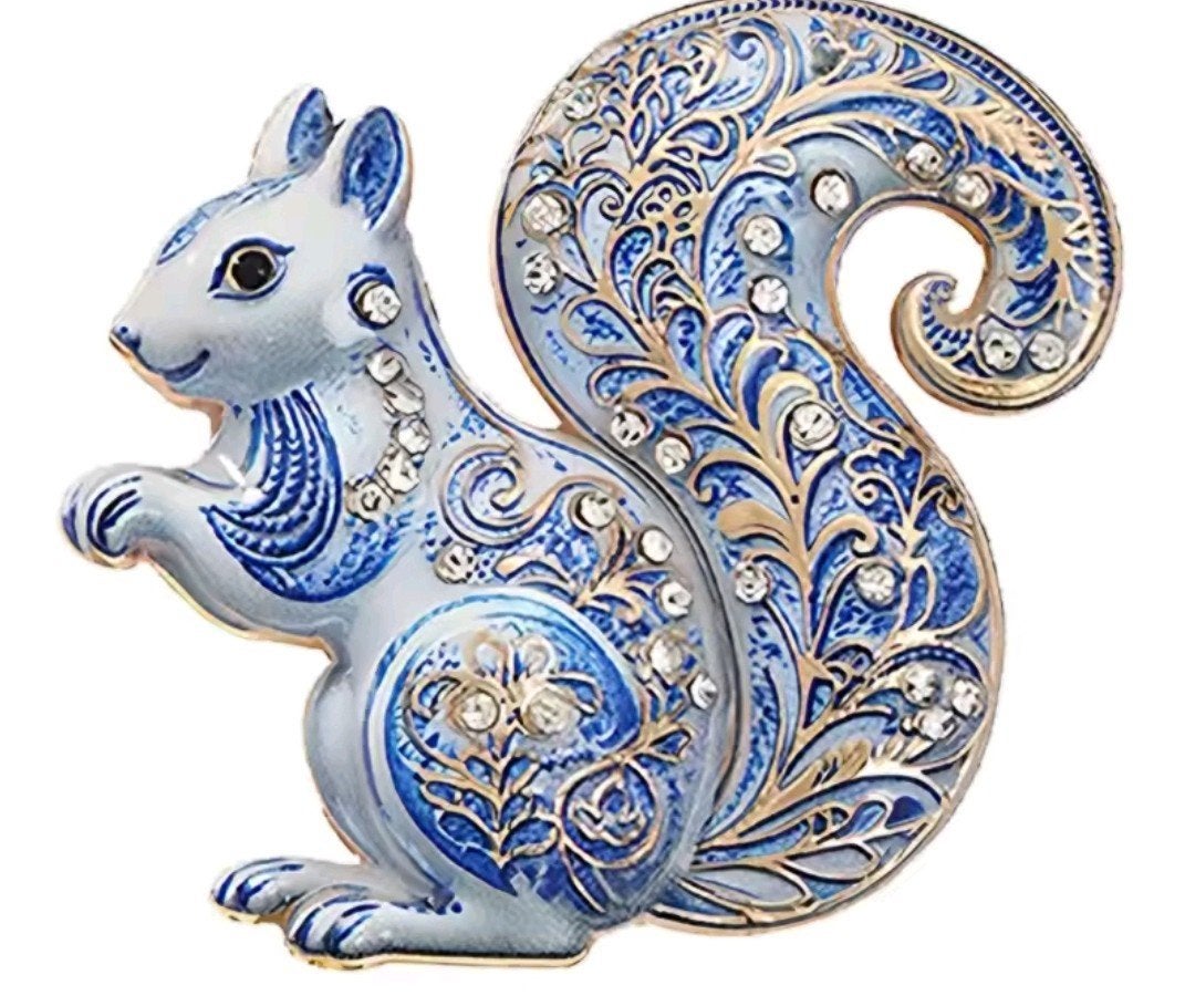 Nieuwe Broche Eekhoorn met Strass - Blauw/Goud, Ophalen, Overige materialen, 4 tot 7 cm, Blauw
