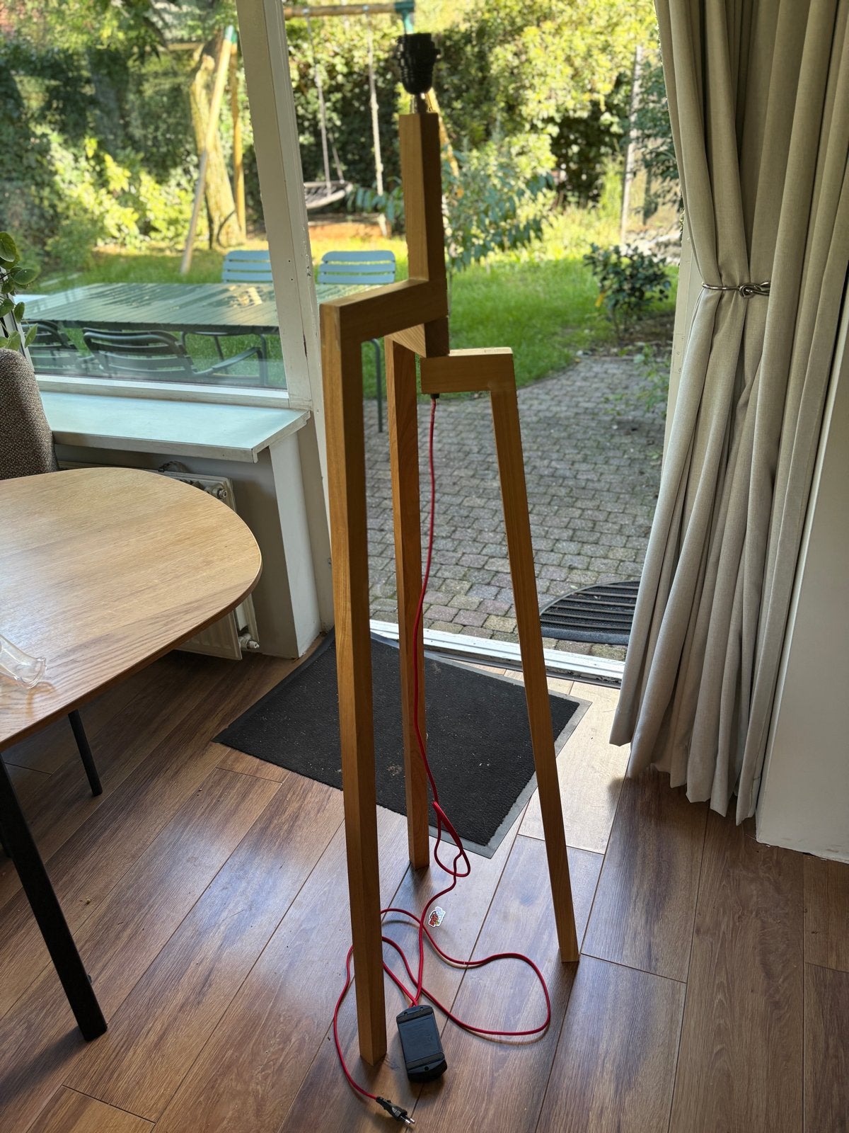 houten driepoot vloerlamp, Ophalen, Gebruikt, E27 (groot), 150 tot 200 cm