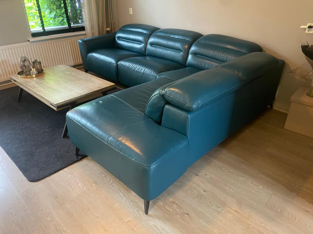 Luxe Elektrische Teak/Blauwlederen Hoekbank met Relaxfunctie, Ophalen of Verzenden, Gebruikt, 150 cm of meer, Vierpersoons of meer