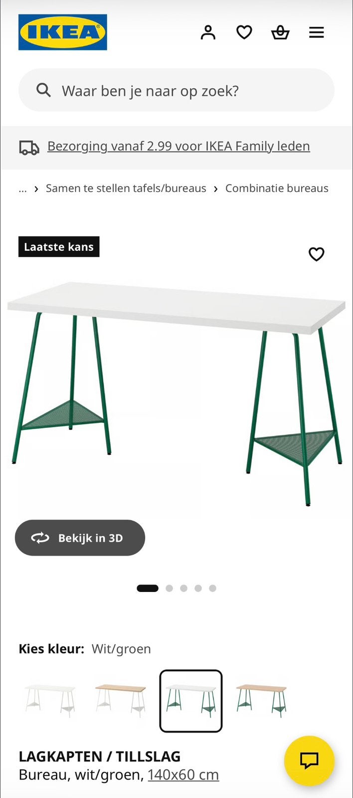 LAGKAPTEN / TILLSLAG Bureau, wit/groen, 140x60 cm, Ophalen, Gebruikt