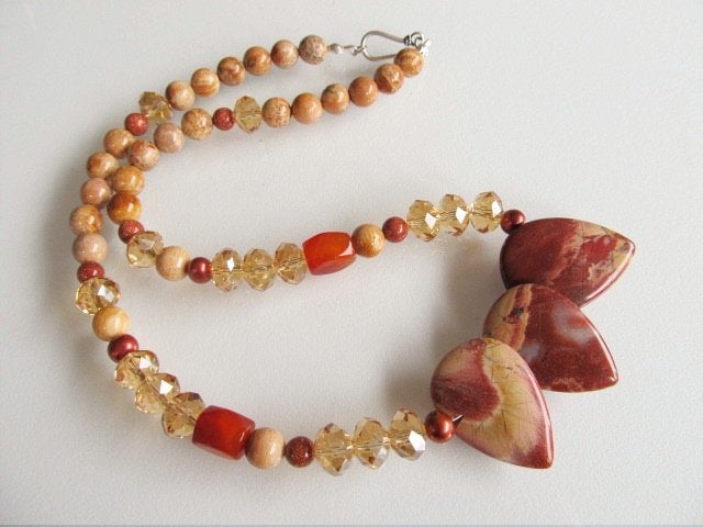 Ketting Natascha jaspis-koraal-kristalglas-parels zilver, Ophalen, Bruin, Nieuw, Met edelsteen