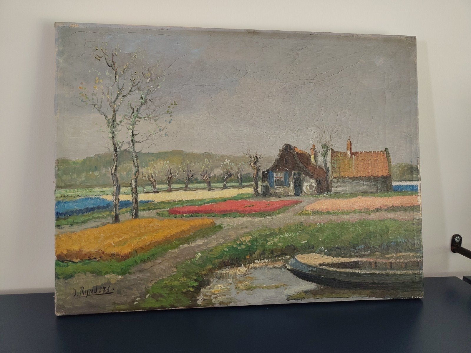 Olieverfschilderij J. Rynders - Hollands bloembollen velden, Ophalen