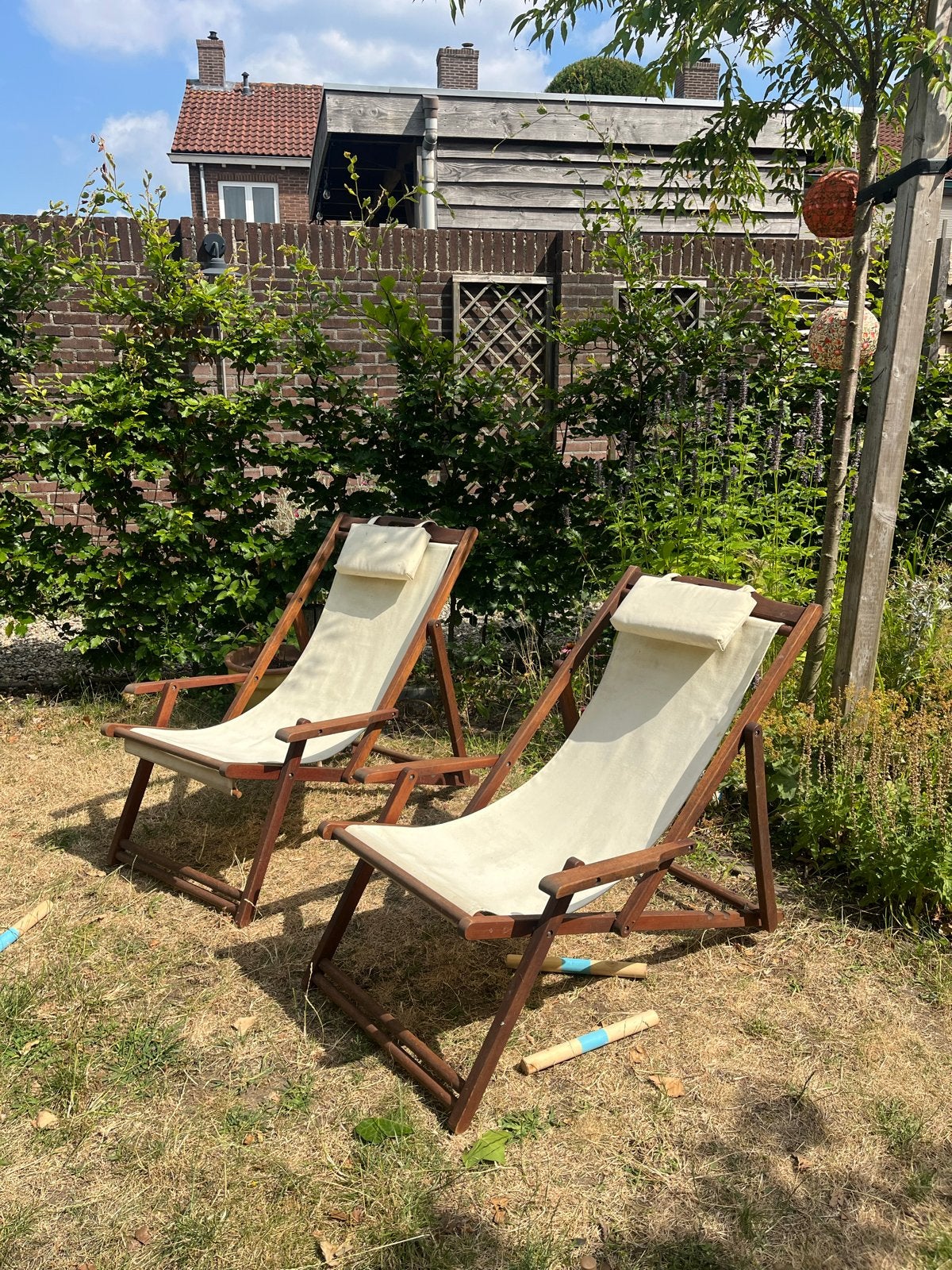 Twee verstelbare houten strandstoelen met kussens, Ophalen, Gebruikt, Hout, Verstelbaar