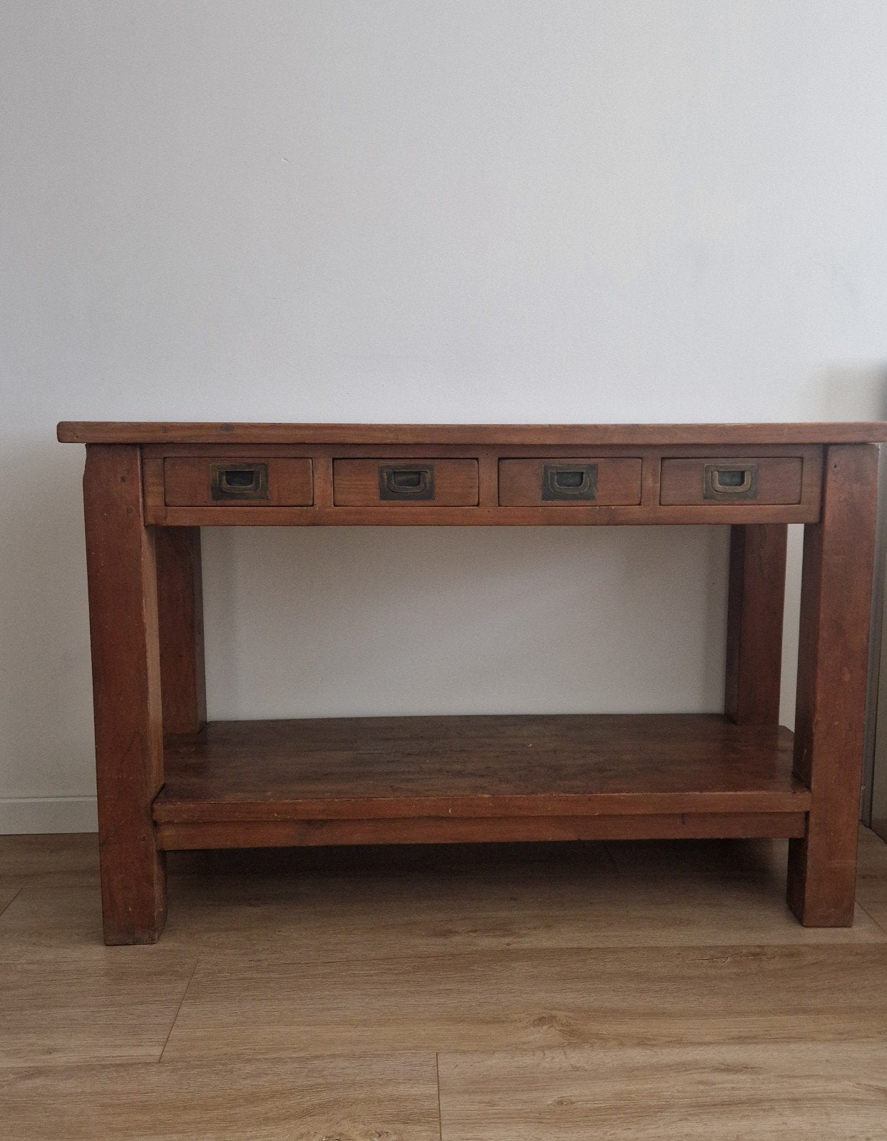 Robuuste houten sidetable met lades en opbergplank, Ophalen, Gebruikt, 50 tot 100 cm, 100 tot 150 cm