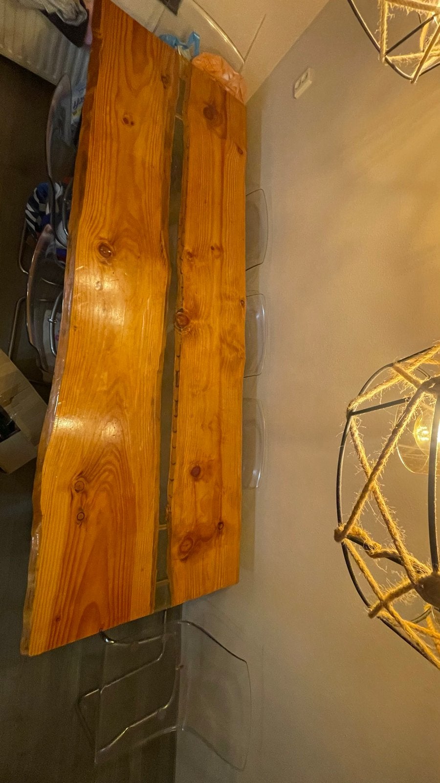 Unieke Eettafel van Hout en Epoxy - Handgemaakt Design, Ophalen, 200 cm of meer, 50 tot 100 cm, Zo goed als nieuw