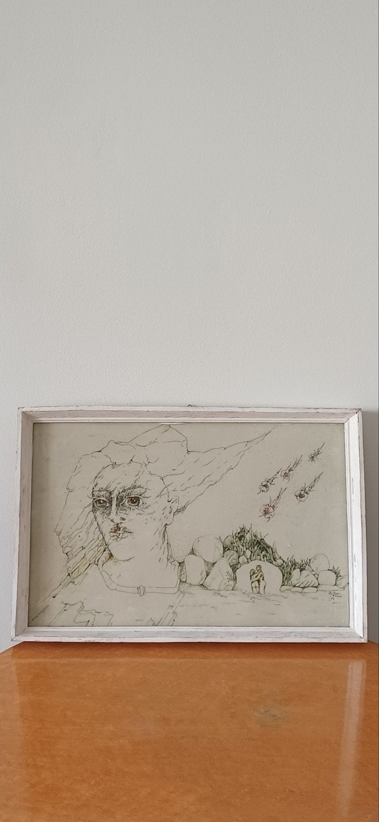 Unieke ingelijste tekening: Surrealistisch portret, Ophalen of Verzenden, Tekening, Pentekening, Ingelijst