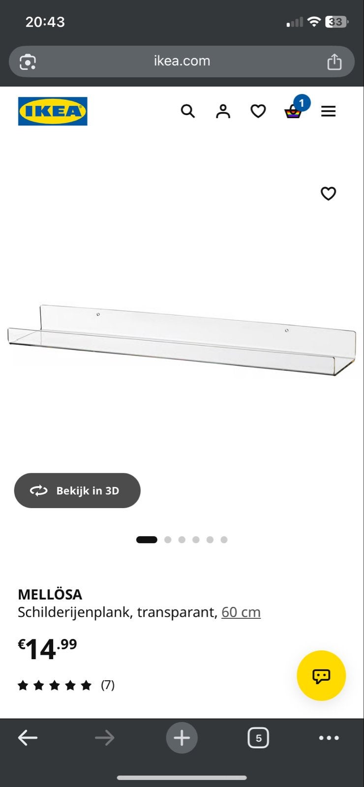 8x IKEA MELLÖSA Schilderijenplank Transparant 60cm, Ophalen, Gebruikt