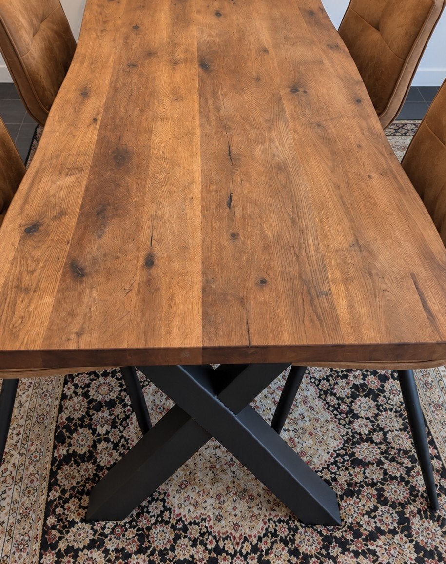 Eikenhouten eettafel met metalen X-poten, Ophalen, Gebruikt, 50 tot 100 cm, 150 tot 200 cm