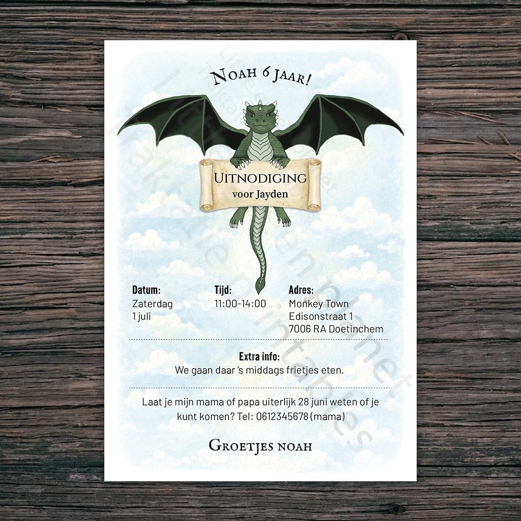 Uitnodiging kinderfeestje Draak, Gepersonaliseerde printable, Kinderen en Baby's, Verzenden, Nieuw