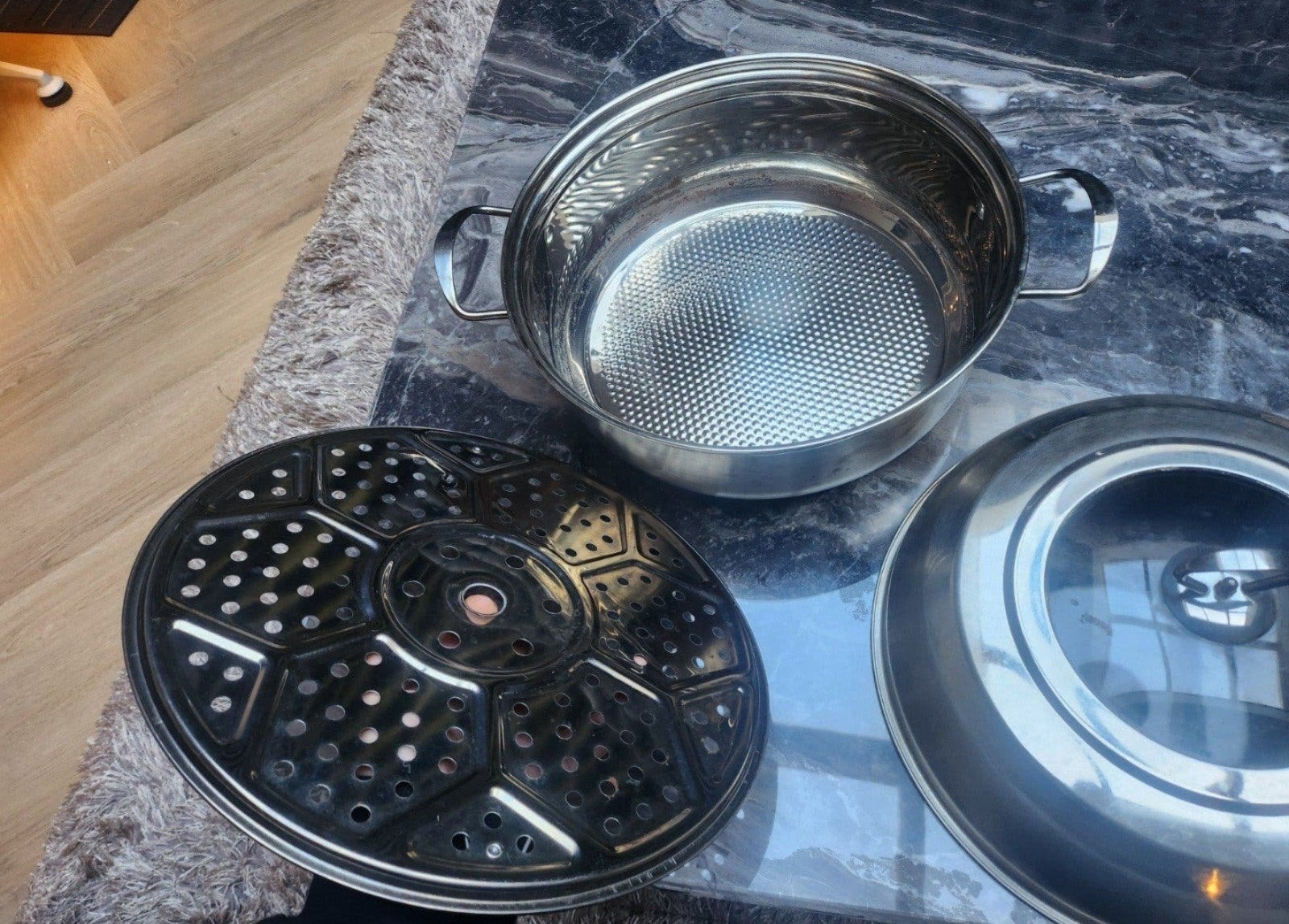 RVS Stoompan 31 cm – 3-delig – Met Rooster & Glazen Deksel, Ophalen, Gebruikt, Met deksel, Rvs