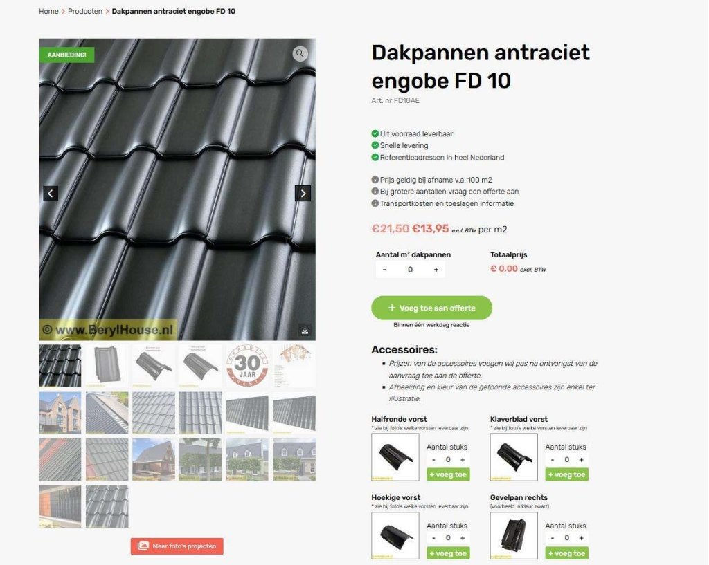 € 13,95 per m2  Gebakken dakpannen: FD 10 antraciet, Niet ingevuld, Steen of Klei, Verzenden, Niet ingevuld
