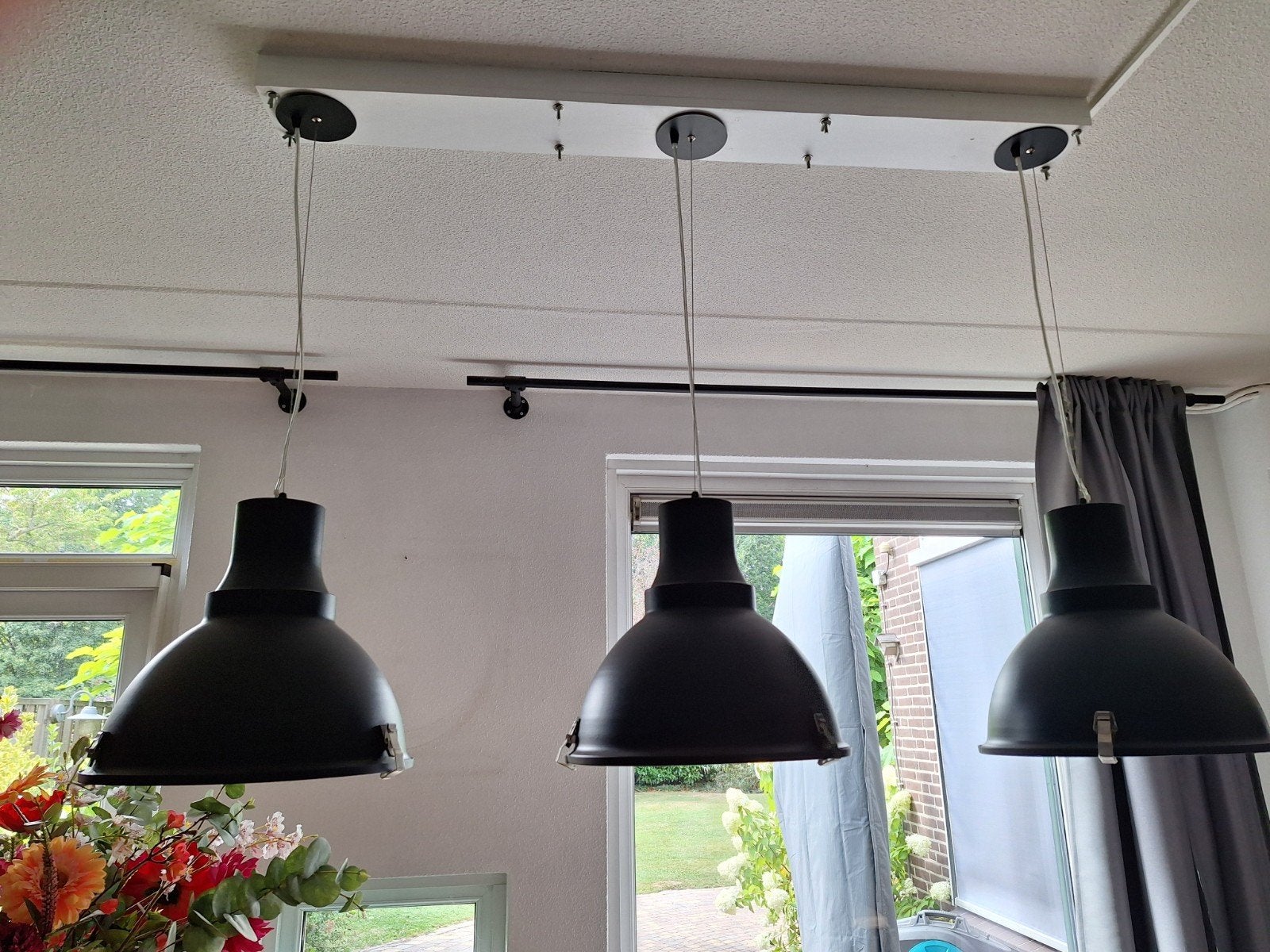 Set van 3 industriële hanglampen, Ophalen, E27 (groot), Zo goed als nieuw, Metaal