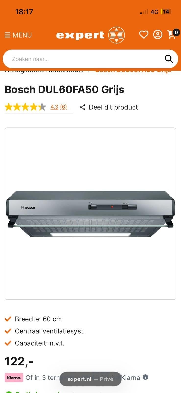 Bosch DUL60FA50 Grijze Onderbouw Afzuigkap 60 cm, Ophalen, Nieuw, Onderbouw afzuigkap