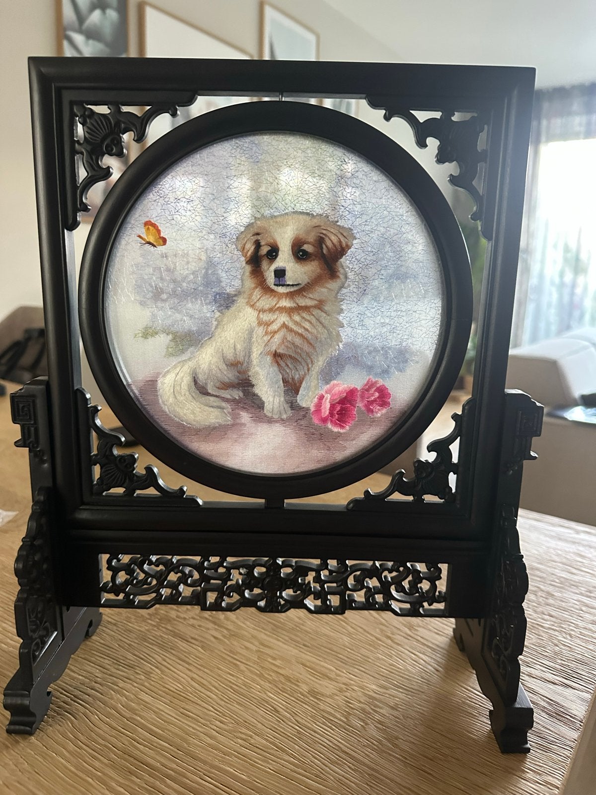 Dubbelzijdig chinees geborduurd: hondje en katje, Antiek en Kunst, Ophalen of Verzenden
