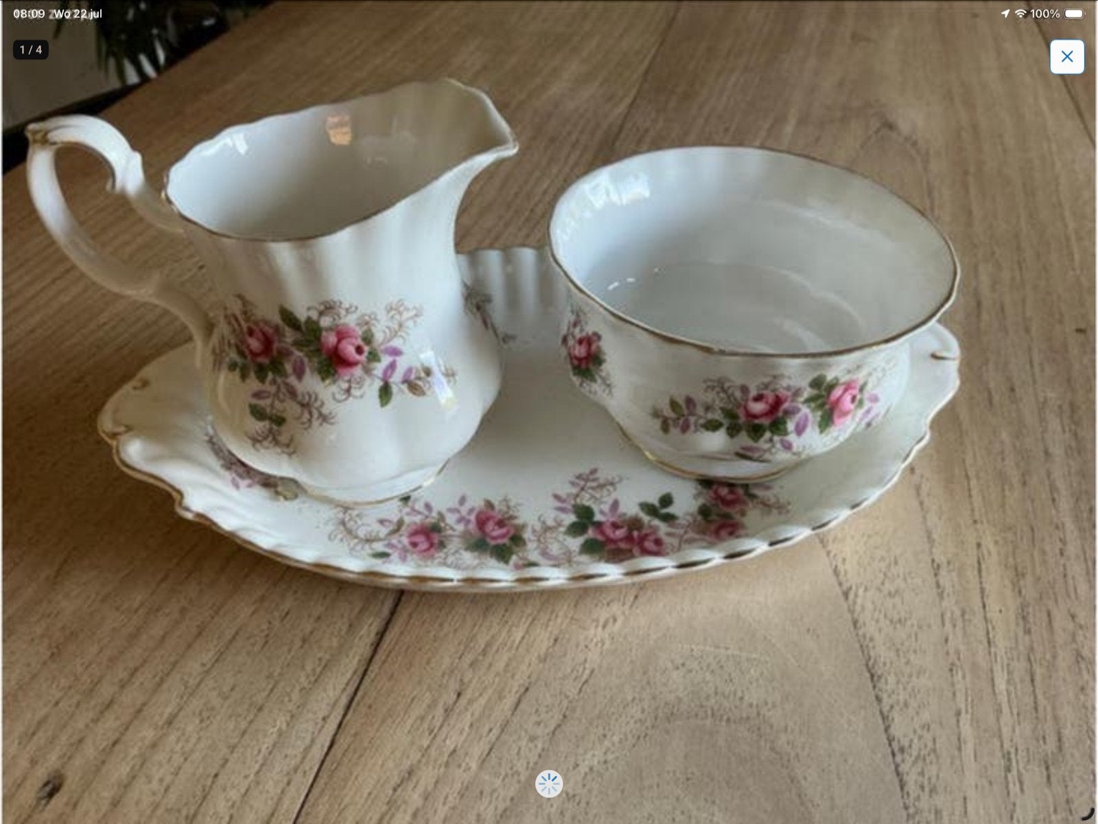 Vintage porseleinen melkkan, suikerpot en schaal, rozen, Ophalen of Verzenden