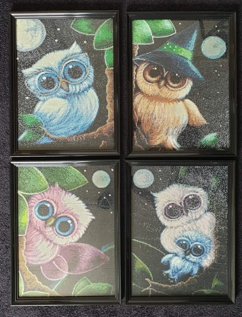 4 gemaakte uilen - diamond paintings in lijst., Ophalen, Nieuw