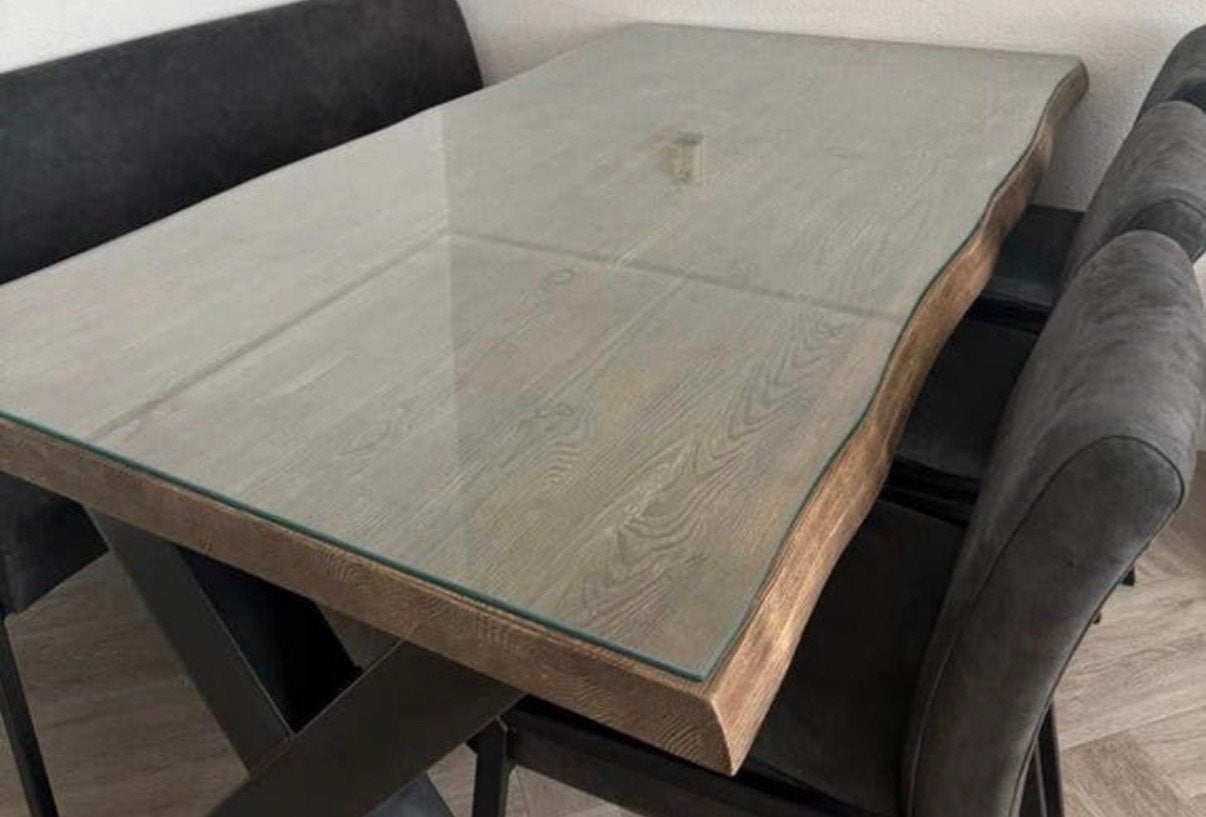 Eikenhouten eettafel met glazen blad, Huis en Inrichting, Tafels | Eettafels, 100 tot 150 cm, Eikenhout, Zo goed als nieuw, Vier personen