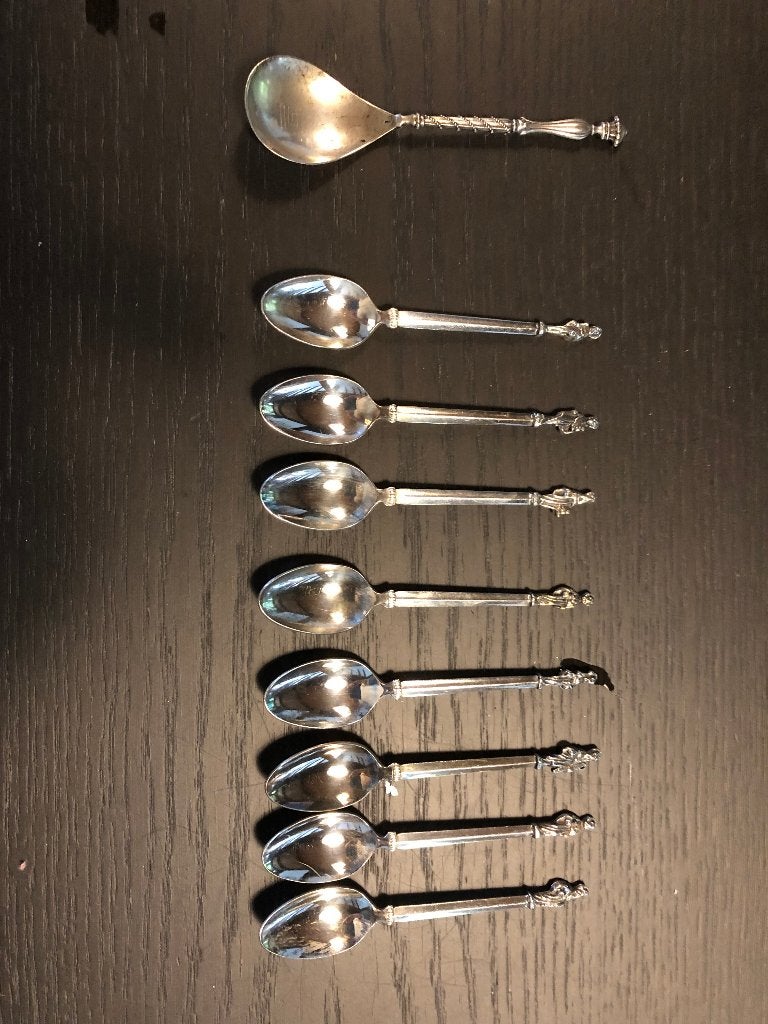 8 verzilverde apostel theelepels en 1 suikerschep, Antiek en Kunst, Ophalen, Zilver