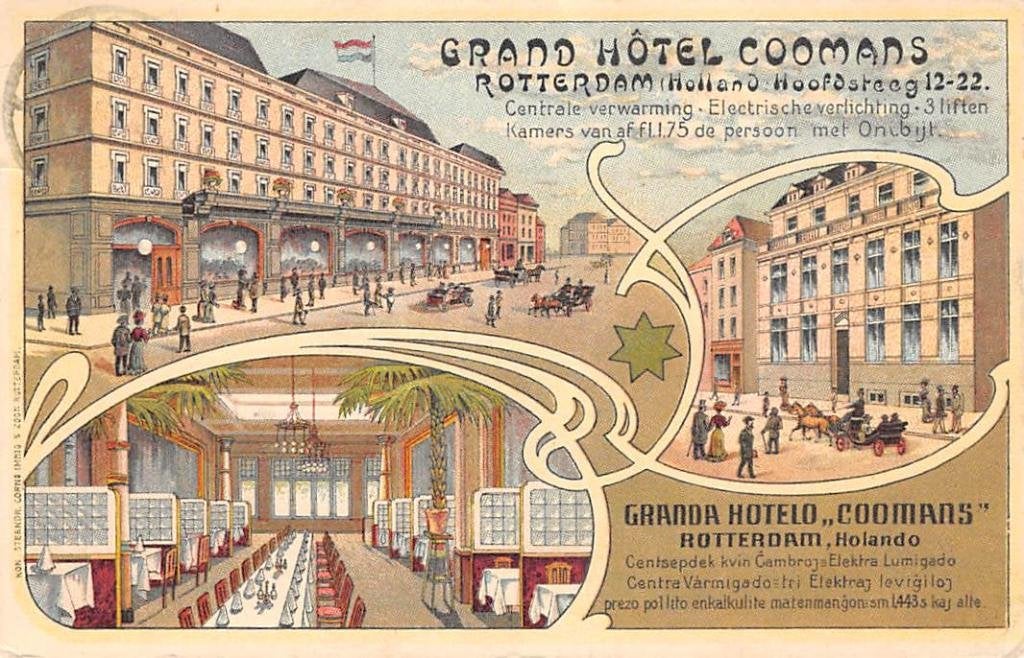 Rotterdam Reclame Grand Hotel Coomans Hoofdsteeg 12-22 1908, Ophalen of Verzenden, Voor 1920, Gelopen, Zuid-Holland