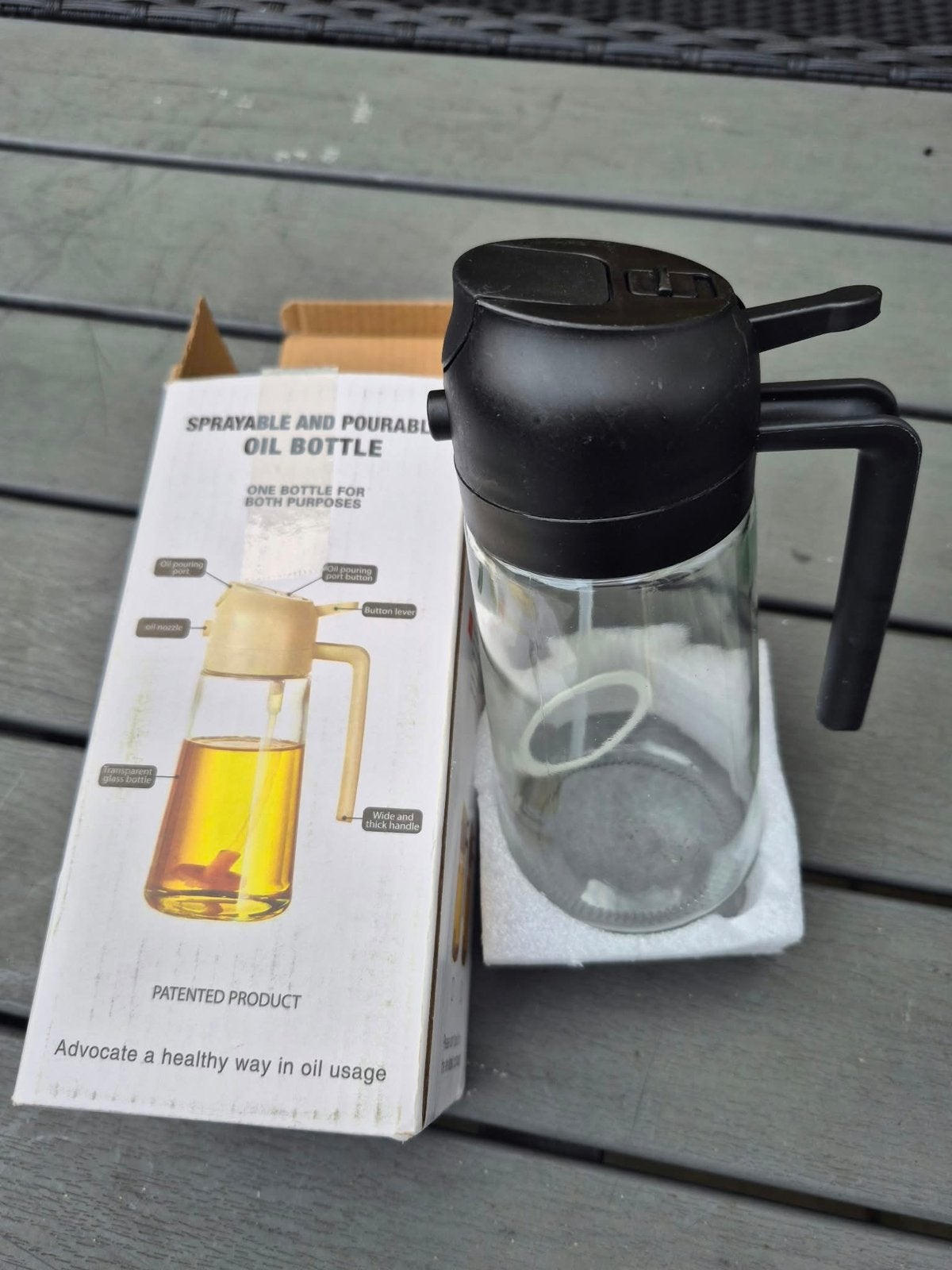 Spray- en schenkbare oliefles - Nieuw in doos, Ophalen, Nieuw, Zwart, Glas