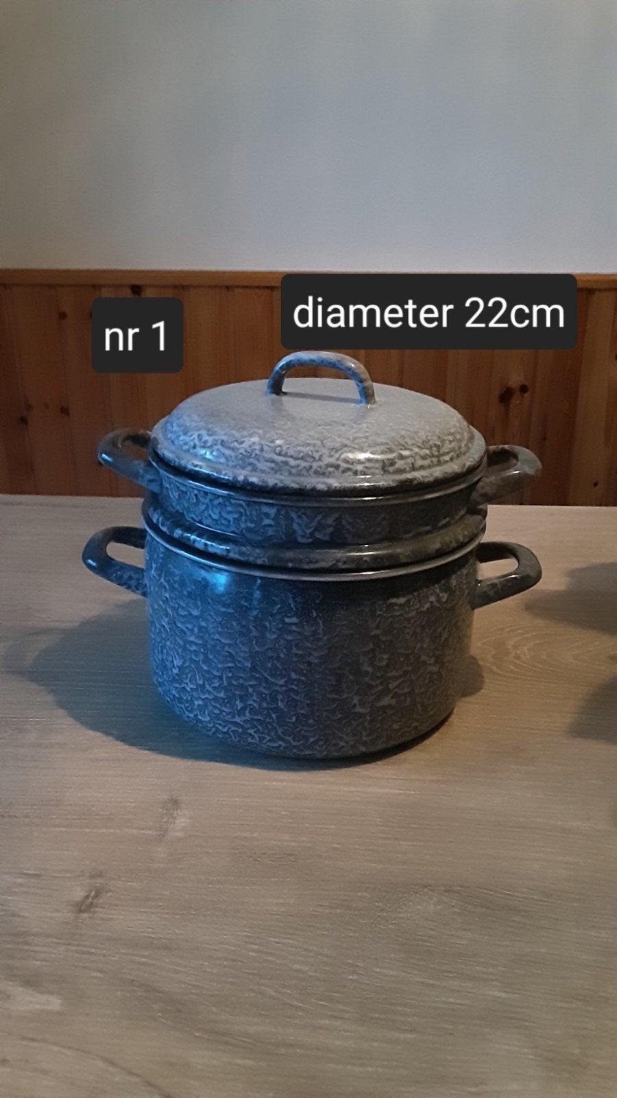 EMAILLE GRIJSGEWOLKTE STOOMPAN DIAMETER 22CM., Antiek en Kunst, Antiek | Emaille, Ophalen of Verzenden