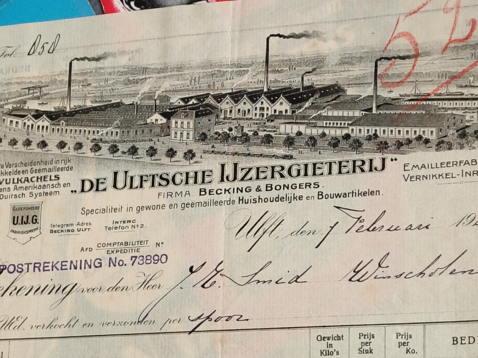 1928, NOTA " DE ULFTSCHE IJZERGIETERIJ" BECKING & BONGERS, Ophalen of Verzenden, Gebruikt, Reclamebord