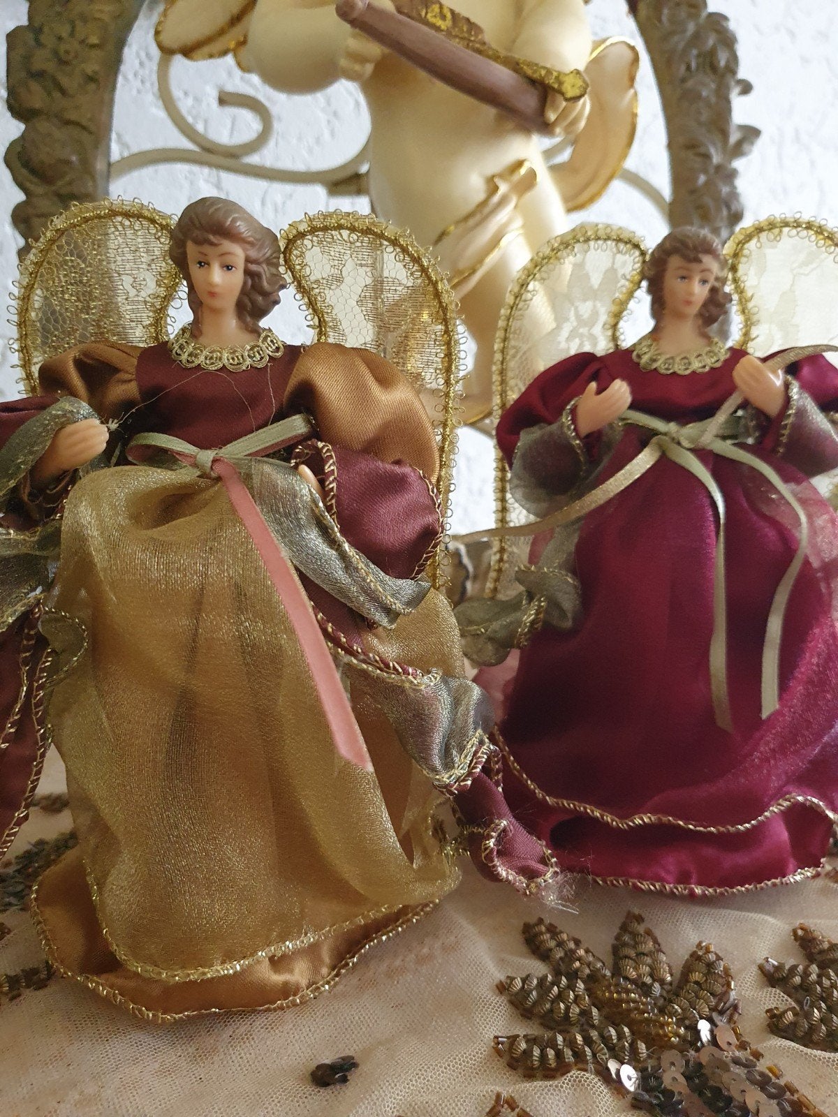 Twee prachtige engelen met kanten vleugels Kerst ornamenten, Ophalen of Verzenden