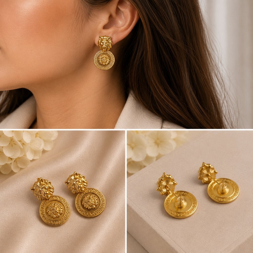 Vintage Barok Oorbellen met Leeuwenkop & Munt Goud, Sieraden, Tassen en Uiterlijk, Verzenden, Nieuw, Met edelsteen, Knopjes of Stekers