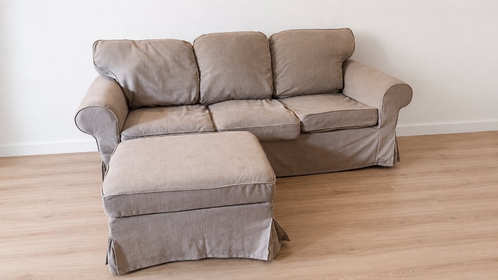 EKTORP 3-zitsbank met poef, Tallmyra beige, Ophalen, Minder dan 75 cm, Driepersoons, Zo goed als nieuw
