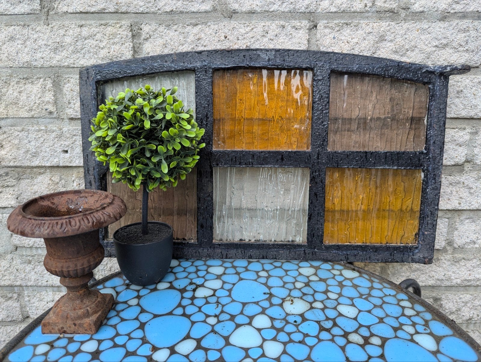 Gietijzeren Stalraam met Gekleurd Glas - Vintage Decoratie, Antiek en Kunst, Ophalen