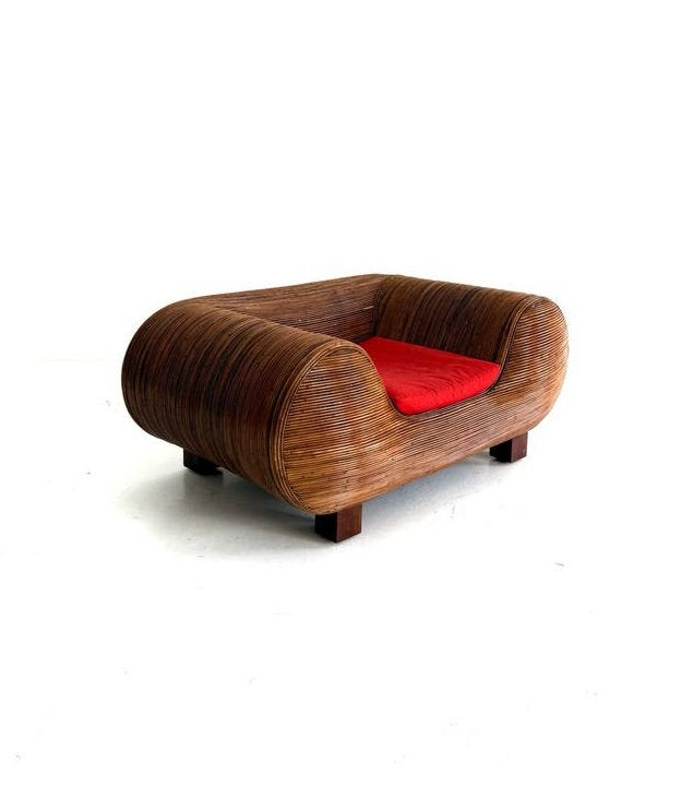 Vintage potlood rieten sculpturale fauteuil, Italië ‘80, Vintage retro buisframe design rotan webbing papercord deens, Zo goed als nieuw