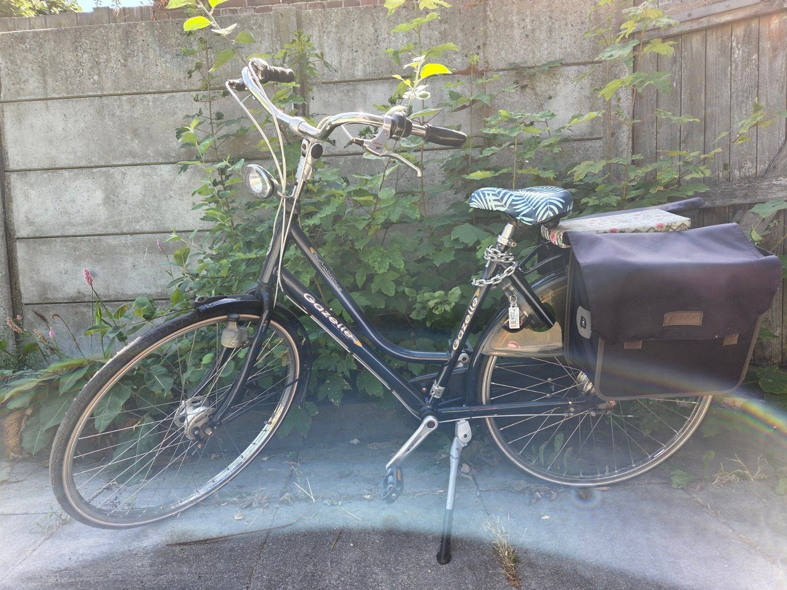 Gazelle damesfiets met fietstassen en zitkussen, Ophalen, Velgrem, Versnellingen, Gazelle
