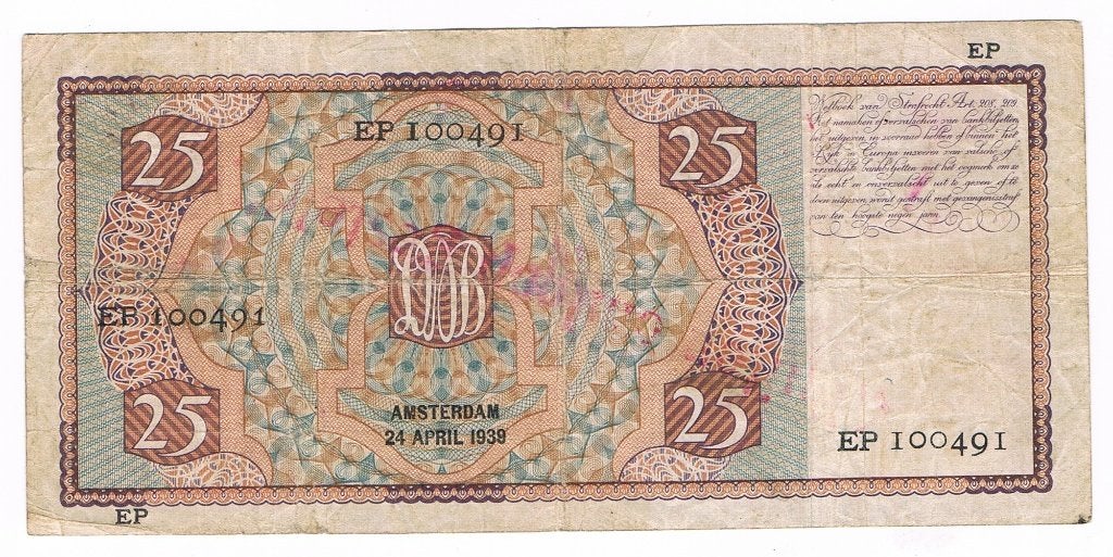 25 gulden 24 april 1938 Mees Replacement, Postzegels en Munten, Bankbiljetten | Nederland, Verzenden, 25 gulden, Los biljet