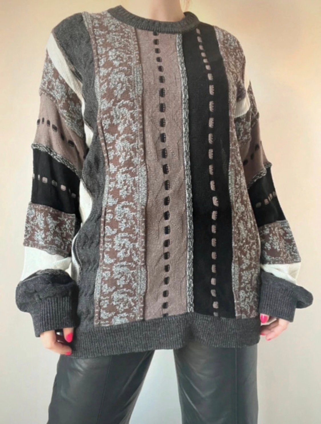 Vintage grijs/bruin/zwarte trui,L.Unisex Coogi stijl 3D knit, Kleding | Heren, Maat 52/54 (L), Vintage, Gedragen, Meerkleurig