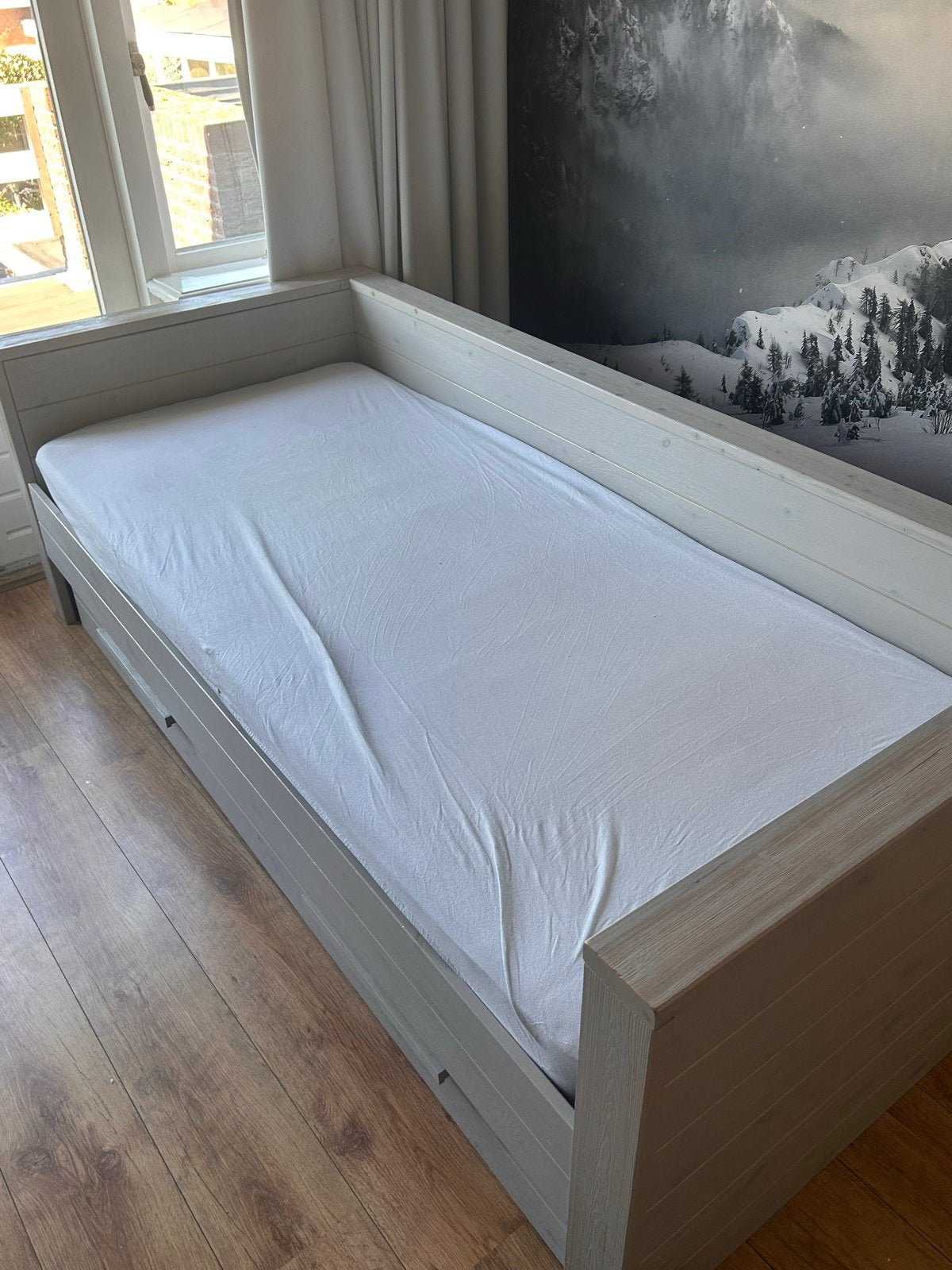 Grijs Steigerhouten Bed met Handige Lade 90x200, Huis en Inrichting, Slaapkamer | Bedden, Ophalen, Gebruikt, 90 cm, Eenpersoons